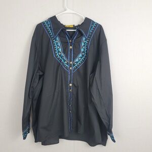 NWT Bobs Mackie Wearable Art Floral Blue Embroidery Long Sleeve Black 3x Blouse